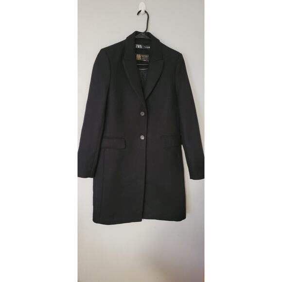 Zara Manteco Wool Blend Long Black Coat Size SMALL peacoat - Picture 1 of 14